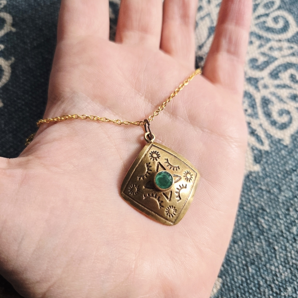 Vintage Gold Bronze Green Gemstone Tribal Boho Bohemian Necklace